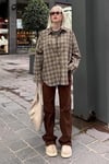 Haki Oversize Ekose Desenli Kadın Gömlek SH334
