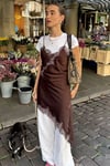 Kahverengi Dantelli Asimetrik Saten Kadın Elbise SH349