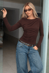 Kahverengi drape detaylı uzun kollu kadın bluz SH358