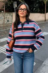 Lacivert Çizgili Polo Yaka Kadın Sweatshirt SH324