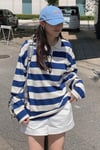 Lacivert Polo Yaka Çizgili Oversize Kazak SH122