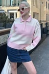 Pembe Düğmeli Polo Yaka Çizgili Kadın Kazak SH318