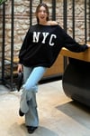 Siyah Kayık Yaka Oversize Baskılı Kadın Sweatshirt SH204