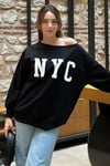 Siyah Kayık Yaka Oversize Baskılı Kadın Sweatshirt SH204