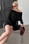 Siyah Madonna Yaka Uzun Kollu Mini Elbise Sh232
