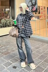 Siyah Oversize Ekose Desenli Kadın Gömlek SH334
