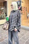 Siyah Oversize Ekose Desenli Kadın Gömlek SH334