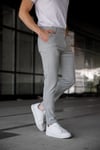 Erkek Açık Gri Slim Fit Çizgili Likralı Yan Cep Bilek Boy Kumaş Pantolon