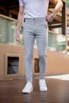 Erkek Açık Gri Slim Fit Çizgili Likralı Yan Cep Bilek Boy Kumaş Pantolon