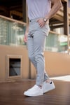 Erkek Açık Gri Slim Fit Çizgili Likralı Yan Cep Bilek Boy Kumaş Pantolon