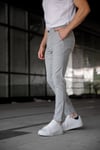 Erkek Açık Gri Slim Fit Çizgili Likralı Yan Cep Bilek Boy Kumaş Pantolon