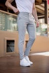 Erkek Açık Gri Slim Fit Çizgili Likralı Yan Cep Bilek Boy Kumaş Pantolon