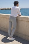 Erkek Açık Gri Slim Fit Dar Kesim Likralı Yan Cep Bilek Boy Düz Kumaş Pantolon