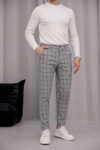 Erkek Açık Gri Slim Fit Ekoseli Likralı Yan Cep Bilek Boy Kumaş Pantolon