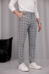 Erkek Açık Gri Slim Fit Ekoseli Likralı Yan Cep Bilek Boy Kumaş Pantolon
