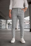Erkek Açık Gri Slim Fit Ekoseli Likralı Yan Cep Bilek Boy Kumaş Pantolon
