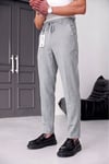 Erkek Açık Gri Slim Fit Likralı Beli Lastikli Bağcıklı Yan Cep Jogger Kumaş Pantolon