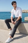 Erkek Antrasit Slim Fit Dar Kesim Likralı Yan Cep Bilek Boy Düz Kumaş Pantolon