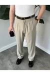 Erkek Bej Baggy Fit Rahat Kesim Pileli Kumaş Pantolon