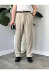 Erkek Bej Baggy Fit Rahat Kesim Pileli Kumaş Pantolon
