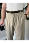 Erkek Bej Baggy Fit Rahat Kesim Pileli Kumaş Pantolon
