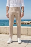 Erkek Bej Slim Fit Dar Kesim Likralı Yan Cep Bilek Boy Düz Kumaş Pantolon