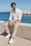 Erkek Bej Slim Fit Dar Kesim Likralı Yan Cep Bilek Boy Düz Kumaş Pantolon