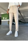 Erkek Bej Slim Fit Dar Kesim Likralı Yan Cep Bilek Boy Düz Kumaş Pantolon
