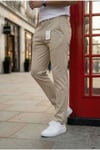 Erkek Bej Slim Fit Dar Kesim Likralı Yan Cep Bilek Boy Düz Kumaş Pantolon