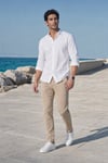 Erkek Bej Slim Fit Dar Kesim Likralı Yan Cep Bilek Boy Düz Kumaş Pantolon
