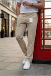 Erkek Bej Slim Fit Dar Kesim Likralı Yan Cep Bilek Boy Düz Kumaş Pantolon