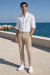 Erkek Bej Slim Fit Dar Kesim Likralı Yan Cep Bilek Boy Düz Kumaş Pantolon