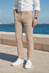 Erkek Bej Slim Fit Dar Kesim Likralı Yan Cep Bilek Boy Düz Kumaş Pantolon