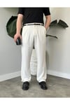 Erkek Beyaz Baggy Fit Rahat Kesim Pileli Kumaş Pantolon