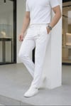 Erkek Beyaz Slim Fit Likralı Yan Cep Bilek Boy Düz Kumaş Pantolon