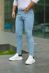 Erkek Buz Mavi Slim Fit Likralı Dar Paça Lazerli Kot Pantolon