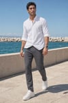 Erkek Füme Slim Fit Dar Kesim Likralı Yan Cep Bilek Boy Düz Kumaş Pantolon