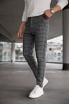 Erkek Füme Slim Fit Ekoseli Likralı Yan Cep Bilek Boy Kumaş Pantolon