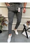 Erkek Füme Slim Fit Ekoseli Likralı Yan Cep Bilek Boy Kumaş Pantolon