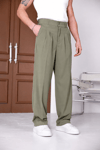 Erkek Haki Baggy Fit Rahat Kesim Pileli Kumaş Pantolon