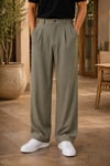 Erkek Haki Baggy Fit Rahat Kesim Pileli Kumaş Pantolon