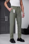 Erkek Haki Slim Fit Likralı Beli Lastikli Bağcıklı Yan Cep Jogger Kumaş Pantolon