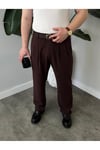 Erkek Kahverengi Baggy Fit Rahat Kesim Pileli Kumaş Pantolon