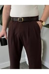 Erkek Kahverengi Baggy Fit Rahat Kesim Pileli Kumaş Pantolon
