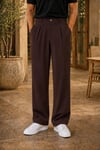 Erkek Kahverengi Baggy Fit Rahat Kesim Pileli Kumaş Pantolon