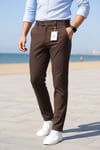 Erkek Kahverengi Slim Fit Likralı Yan Cep Bilek Boy Düz Kumaş Pantolon