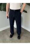 Erkek Lacivert Baggy Fit Rahat Kesim Pileli Kumaş Pantolon