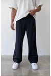 Erkek Lacivert Baggy Fit Rahat Kesim Pileli Kumaş Pantolon