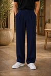 Erkek Lacivert Baggy Fit Rahat Kesim Pileli Kumaş Pantolon