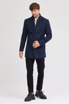 Erkek Lacivert Kaşe Kaban Slim Fit Dik Yaka Kışlık Kaban Palto